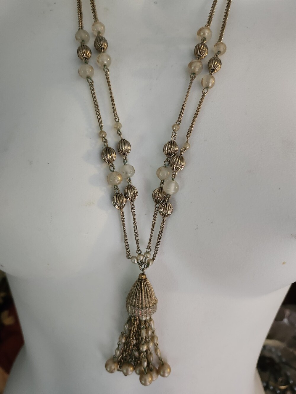 Multi Strand Gold-Tone Beaded Tassel Necklace  - 26 Inches
